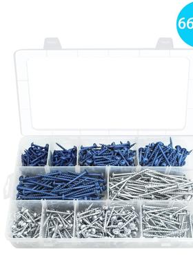 螺丝660pcs盒装四方槽华司头洗尾粗牙木工螺丝#8路锈宝蓝色镀螺钉