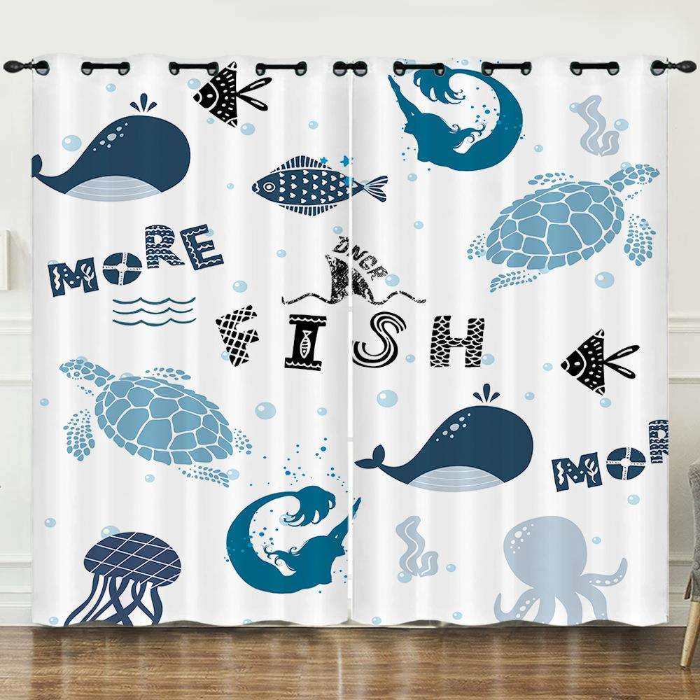 窗帘海洋海龟航海系帘子外贸欧美遮光帘卧室免打孔遮阳