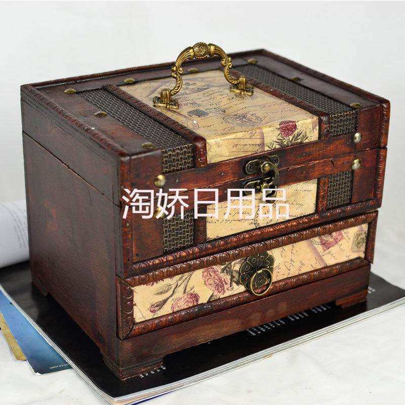 古风印花带锁梳妆盒桌面带镜手饰品复古收纳中国风百宝盒古代盒子