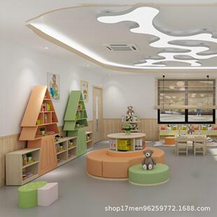 幼儿园儿童圣诞树书架绘本架图书绘本馆书柜软包可坐沙发阅读桌椅