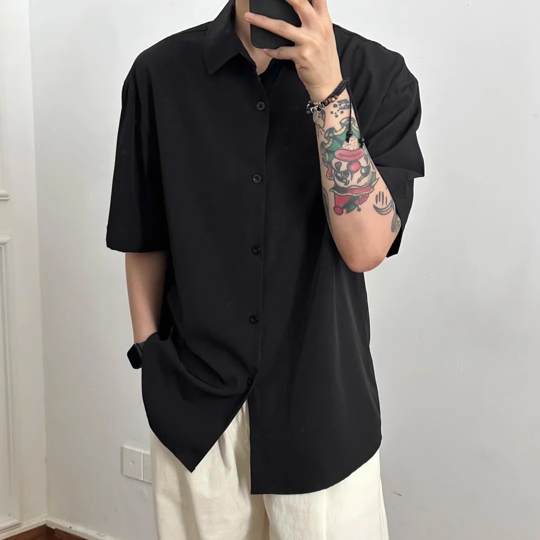 夏季短袖衬衫翻领开衫半袖衬衣纯色百搭男女休闲外套日系衬衫