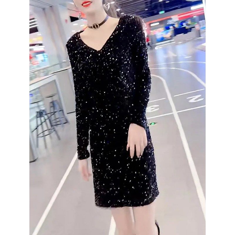 2024春季新款收腰显瘦百搭A字裙子女大码中长款时尚亮片连衣裙潮