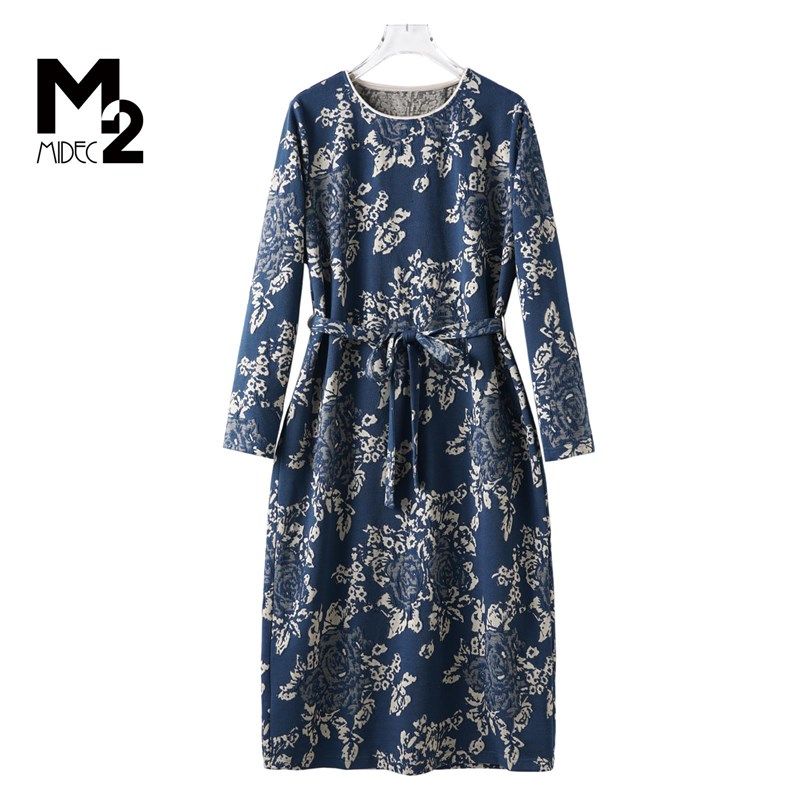 M2女装2025春新款宽松加大码中老年胖妈妈显瘦针织提花长袖连衣裙