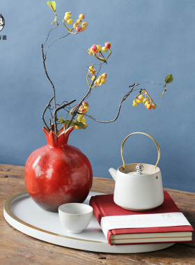 新中式红色石榴花瓶白色托盘组合摆件样板间客厅卧室家居软装饰品