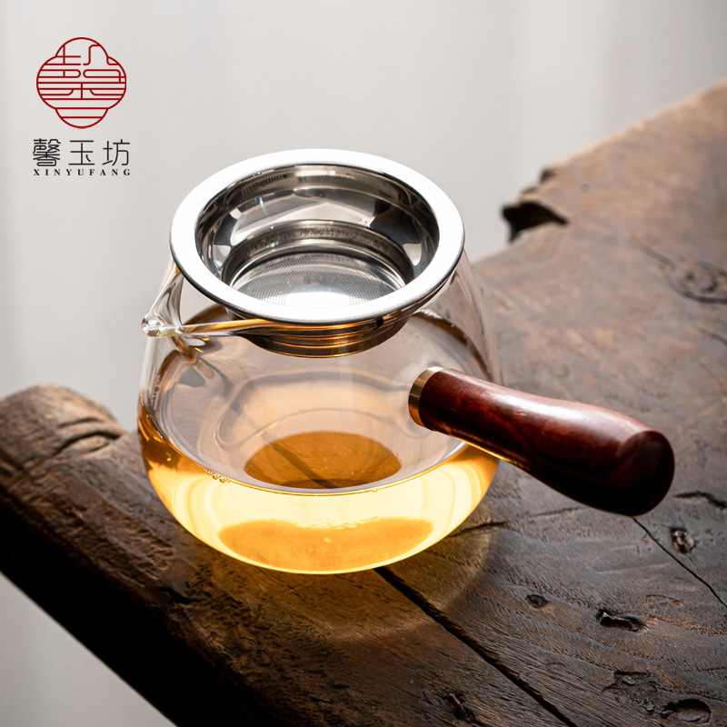 馨玉坊日式玻璃公道杯木把手耐热公杯侧把分茶器大容量茶海茶漏