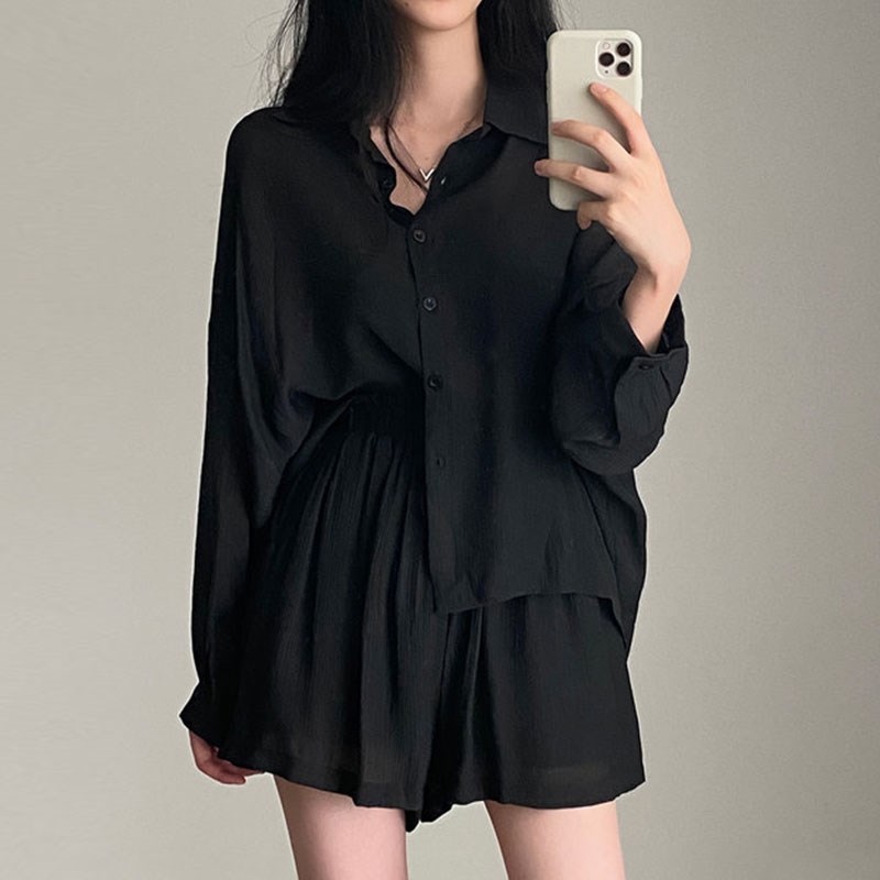 时尚套装女宽松长袖薄款防晒衬衫上衣夏季高腰阔腿休闲短裤两件套