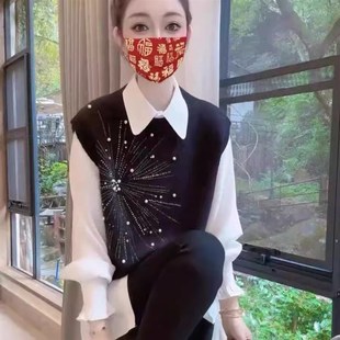 法式一整套穿搭套装女秋冬季新款钉珠针织马甲长袖叠穿衬衫两件套