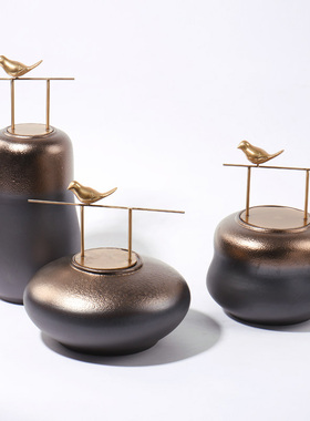 新中式黑色陶瓷罐摆件家居样板房装饰品客厅电视柜玄关办公室摆设