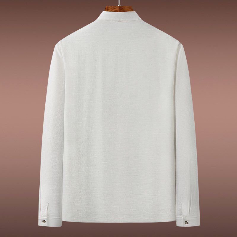 中式男装衬衫中青年立领盘扣唐装男士衬衣禅意佛系复古打底衫白色