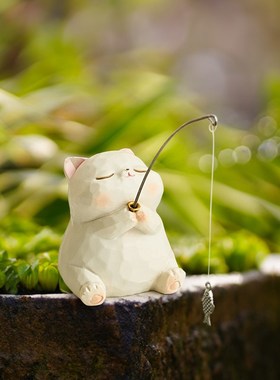 创意小青蛙猫咪钓鱼摆件庭院鱼缸造景边缘装饰品可爱治愈系小物件