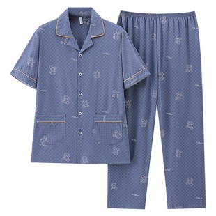 男款睡衣短袖长裤夏季青中年人爸爸纯棉男士加大码薄款开衫家居服