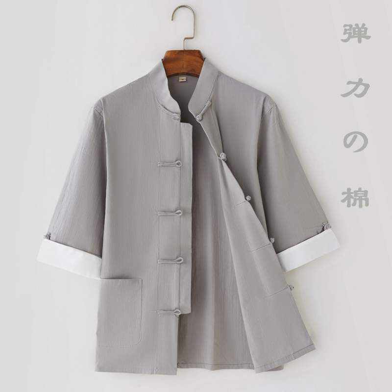 夏季七分袖男唐装男中袖上衣中国风弹力棉七分袖衬衫中式盘扣休闲