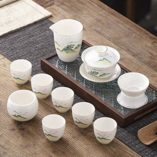 晟翔陶瓷茶具蛋杯江山羊脂玉盖碗十件套加主人杯家用