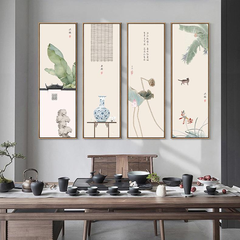 新中式客厅装饰画酒店大厅油画中国风山水画水墨四联挂画