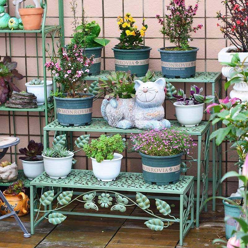 美式田园铁艺落地式复古多层花架三层花架阳台客厅架子阶梯花盆架