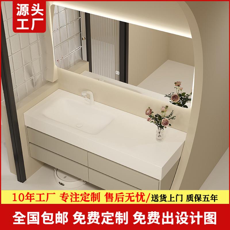 奶油色可丽耐一体盆吊柜浴室柜组合现代简约卫生间洗手洗脸洗漱台