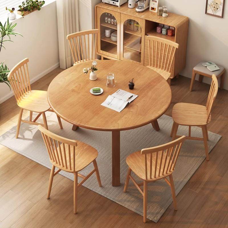 全实木圆餐桌家用小户型圆形吃饭桌子原木风10人位圆桌餐桌椅组合