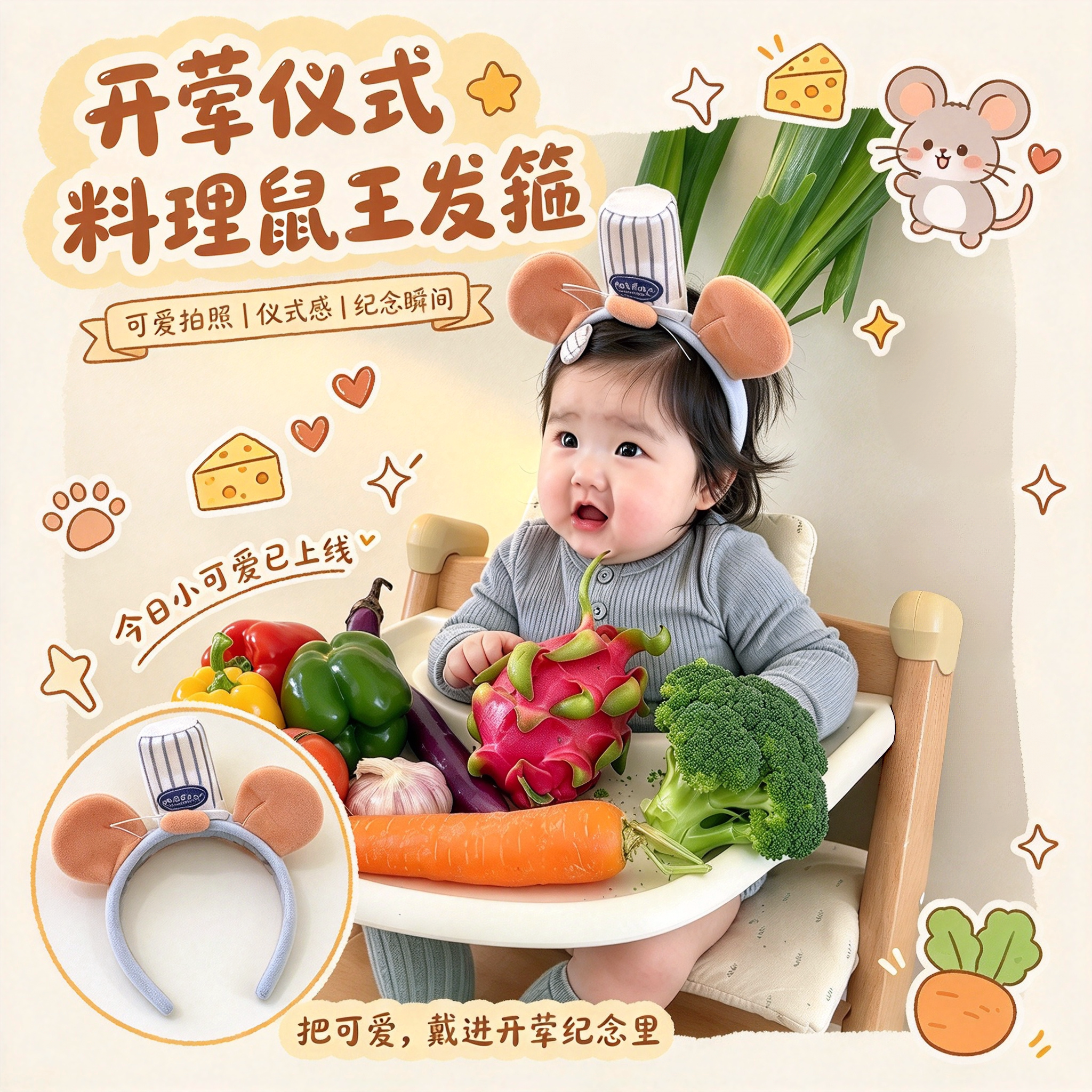 小小干饭人上线!料理鼠王发箍套装宝宝开荤仪式纪念拍照道具