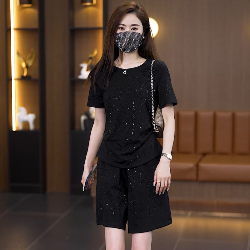 新款套装女2025夏季亮片时尚高级烫钻黑色短裤圆领T恤短袖一整套