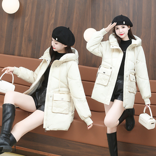 白色羽绒棉服女冬季新款加厚棉衣外套连帽中长款棉袄宽松面包服