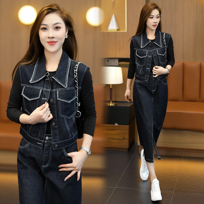 时尚气质牛仔套装裙女秋季新款洋气宽松马甲外套开叉连衣裙两件套,女装/女士精品,时尚套装,淘宝优惠券,粉丝福利购,淘宝优惠卷