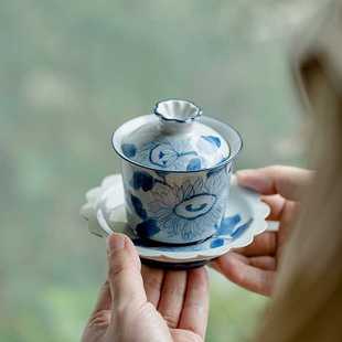 昌朴居古彩纯手绘向日葵盖碗茶杯家用陶瓷茶碗防烫手抓碗泡茶器