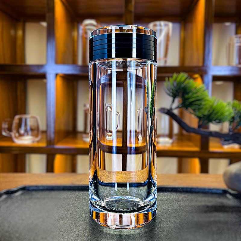 东海原矿水晶茶杯泡茶透明杯子耐高温水杯双层水晶玻璃杯车载杯