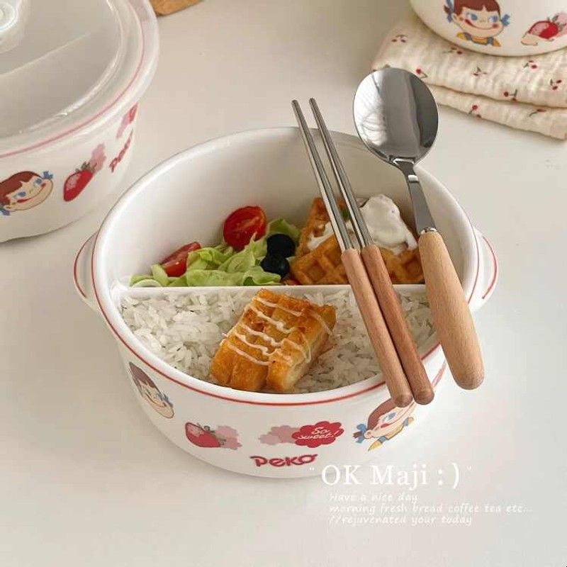 食品级陶瓷饭盒可微波炉加热餐盒分格带盖圆形水果保鲜盒便当盒图片