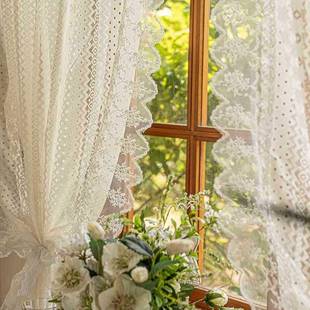 田82园白色蕾半丝纱帘窗窗帘飘美式 韩式 乡村帘截帘短免打孔隔断