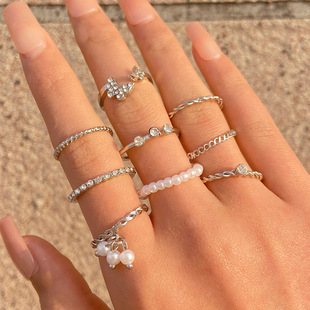 9件套 关节戒指套装 外贸新款 蝴蝶镶钻戒指混批珍珠戒指女小众高级