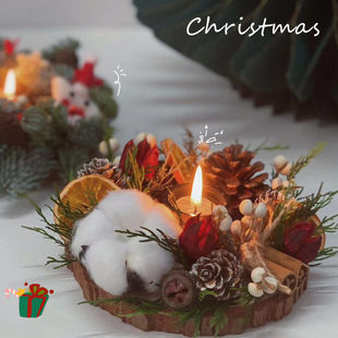 圣诞节蜡烛台diy手工材料节日家居布置装饰摆件仿真松枝木片松果