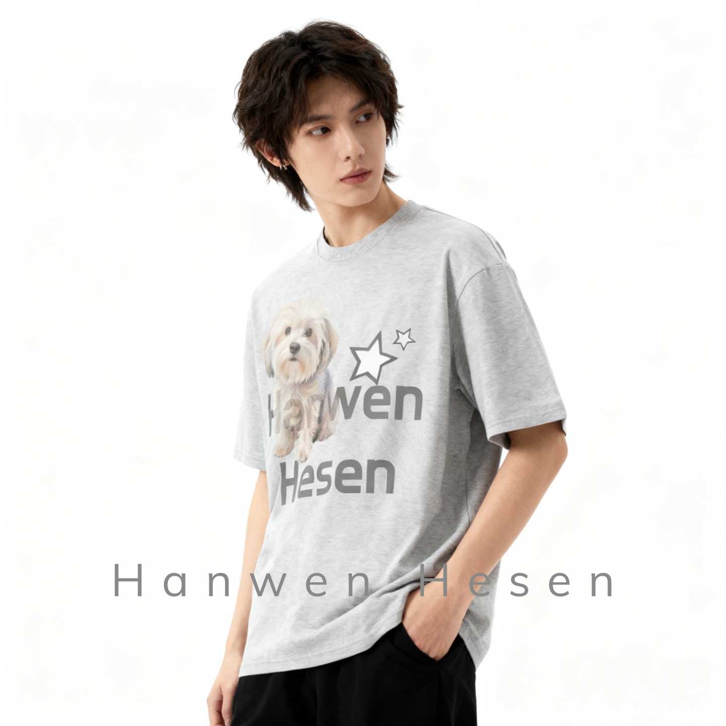 Hanwen Hesen正品圆领男女T恤风春夏常规印花宽松型字母休闲短袖