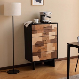 全实木万象斗柜复古拼色小户型客厅储物柜中古五斗柜置物柜收纳柜