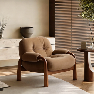 侘寂风实木单人沙发椅中古风单椅设计师胡桃木休闲客厅沙发靠背椅