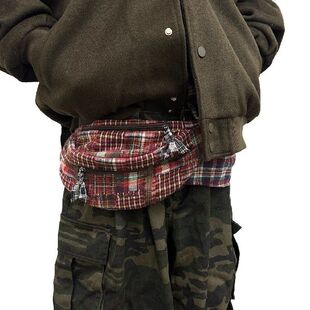 男女高中大学生迷人布格纹复古腰包古着感做旧多功能包包斜挎胸包