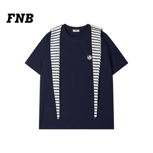 FNB条纹飘带V领短袖宽松T恤女