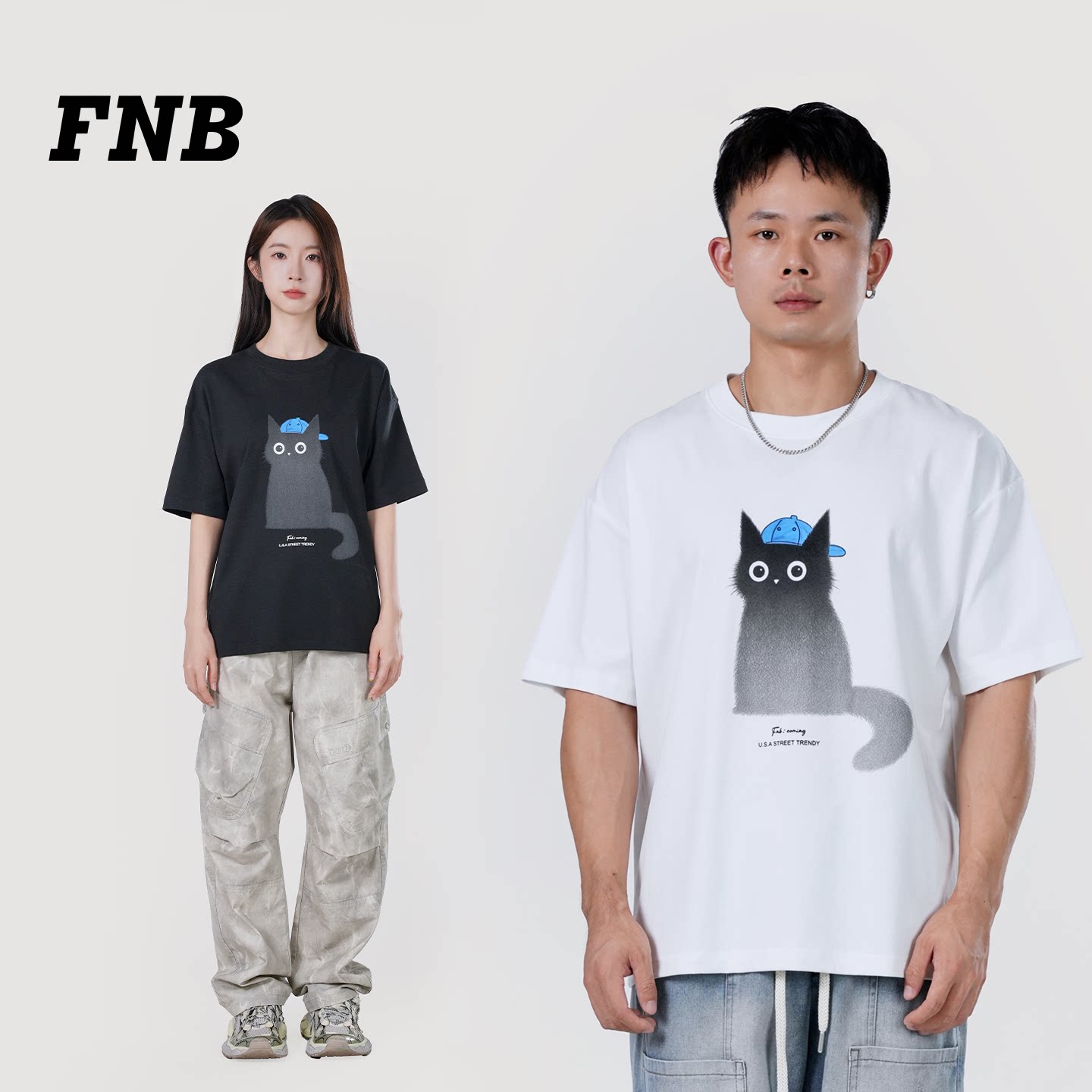 FNB2026年新款美式卡通小猫印花短袖T恤男女宽松潮牌休闲白色上衣