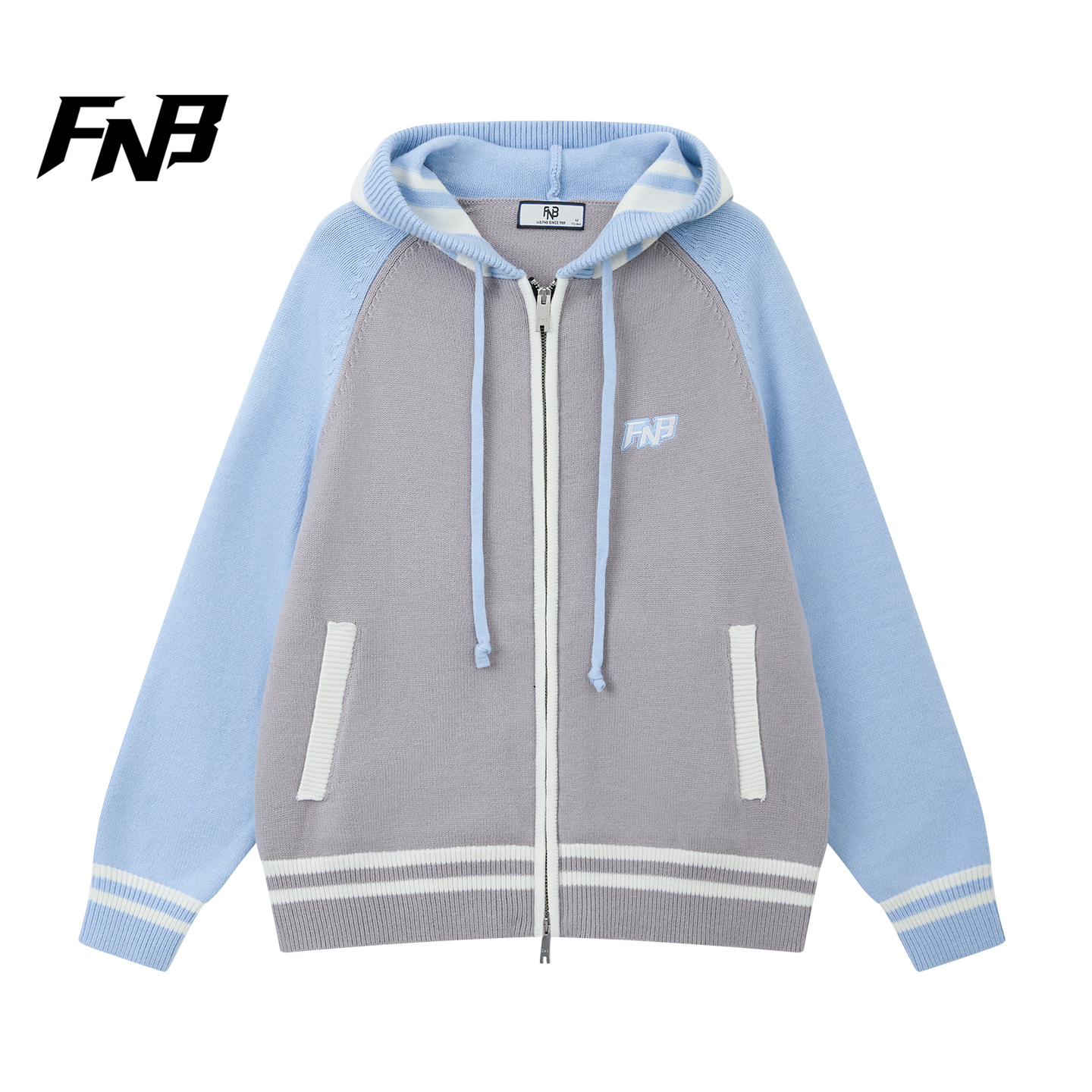 FNB美式潮牌学院风撞色连帽针织开衫秋冬男女休闲拉链外套毛衣