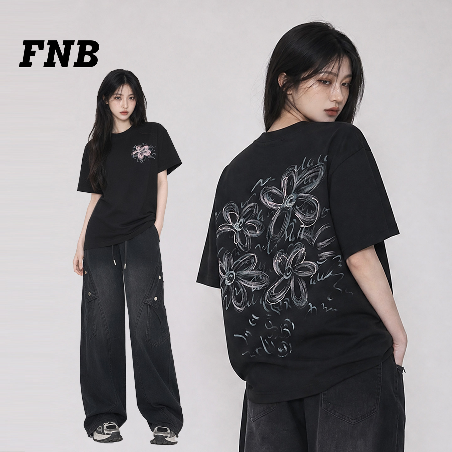 美国FNB潮牌手绘涂鸦花朵短袖T恤图片