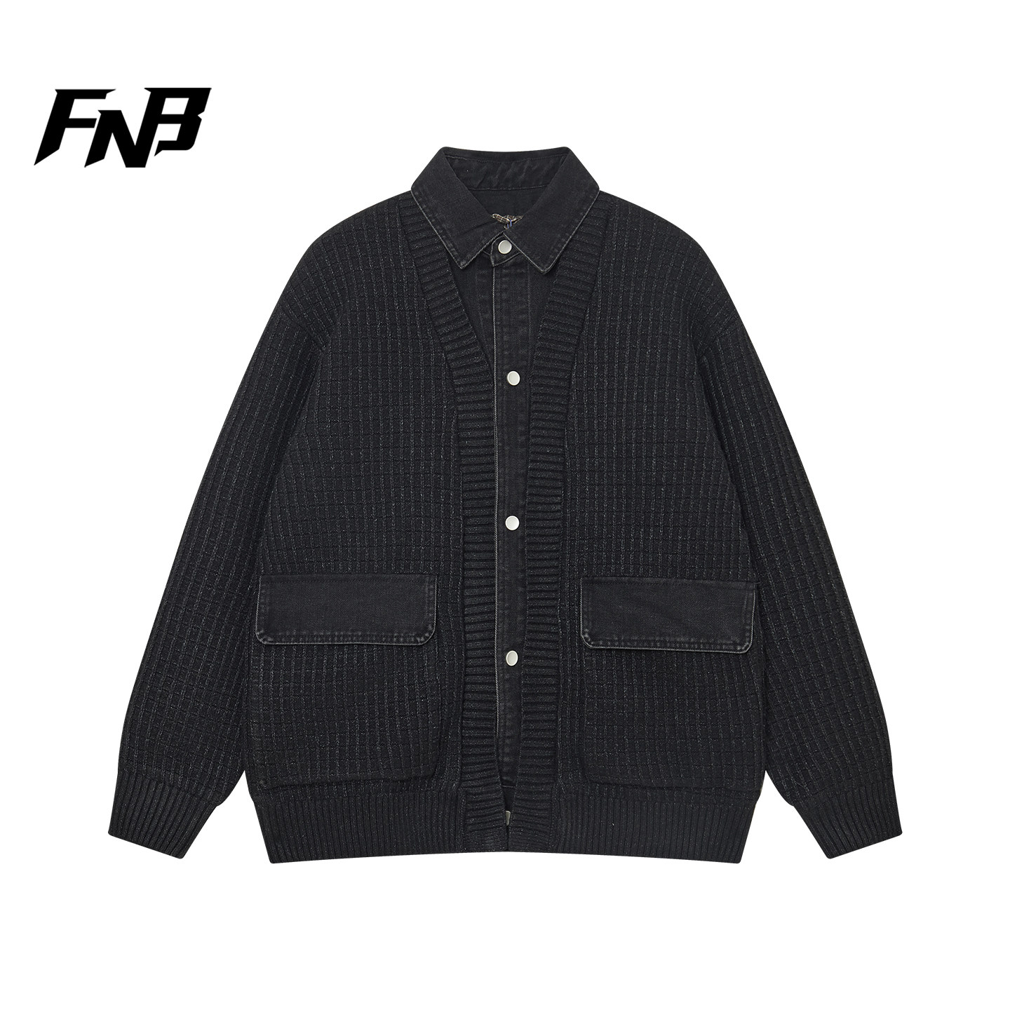 FNB美式潮牌工装风翻领羽绒服冬季款假两件纽扣毛衫开衫外套保暖