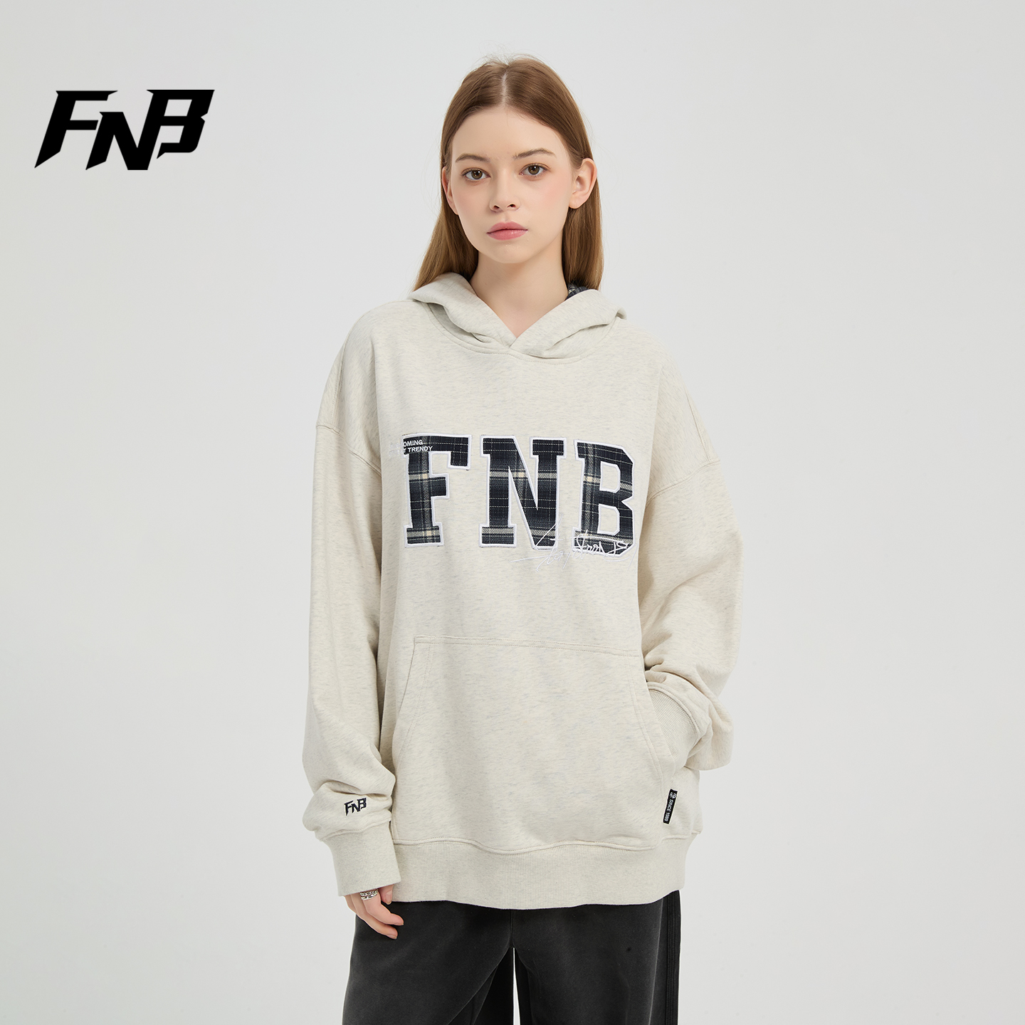 FNB美式潮牌连帽卫衣男女秋冬新款加厚字母刺绣重磅宽松套头上衣