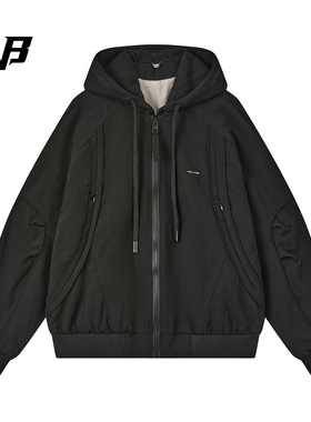 FNB美式潮牌工装风连帽夹克男黑色宽松拉链外套休闲假两件秋冬季