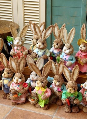 创意手工草编兔子情侣轻奢玄关柜阳台餐厅布置家居花盆装饰摆件