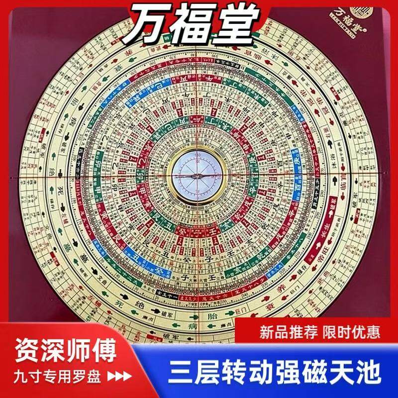 万福堂十二长生三合盘三层旋转六合一水法罗盘高精度专业纯铜