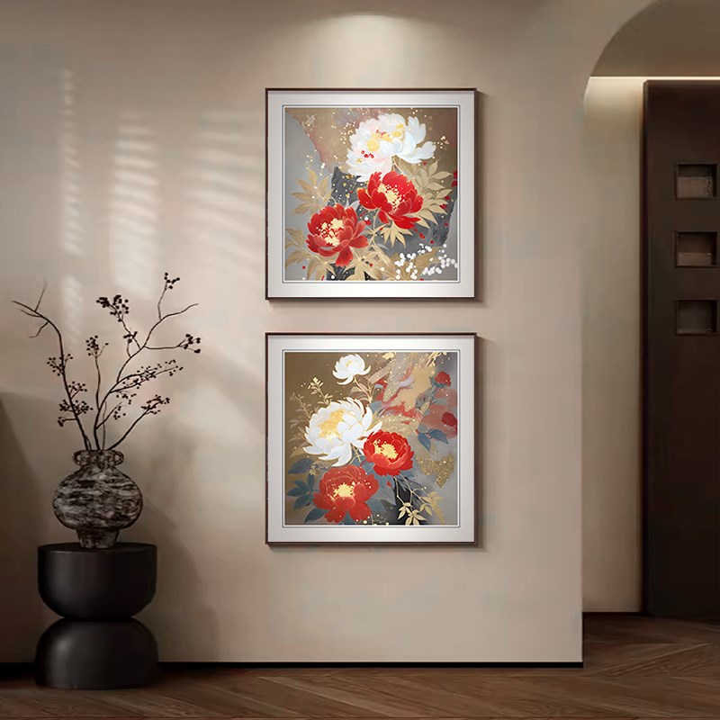 牡丹花挂画新中式玄关装饰画客z厅沙发背景墙方形壁画高级感艺术图片