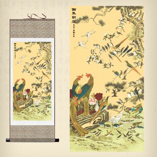 新品国画百鸟朝凤花鸟挂画凤凰图丝D绸画丹凤朝阳卷轴画客厅卧室