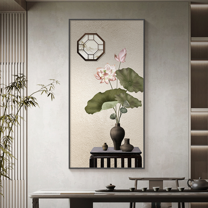 荷花过道玄关装饰画新中式楼梯走廊艺术挂画茶P室竖版水墨禅意壁图片