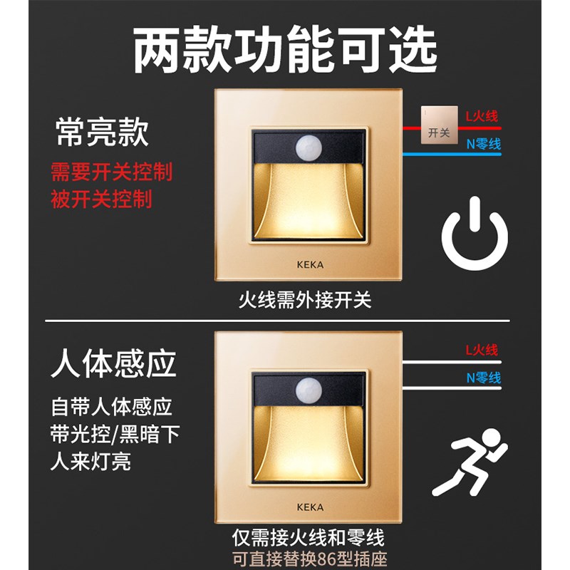 家用86型led走廊过道台阶灯 嵌入式小夜灯光控人体感应墙角地脚灯