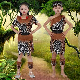 圣诞节儿童服装扮野人土著印第安人原始猎人幼儿舞蹈非洲鼓演出服