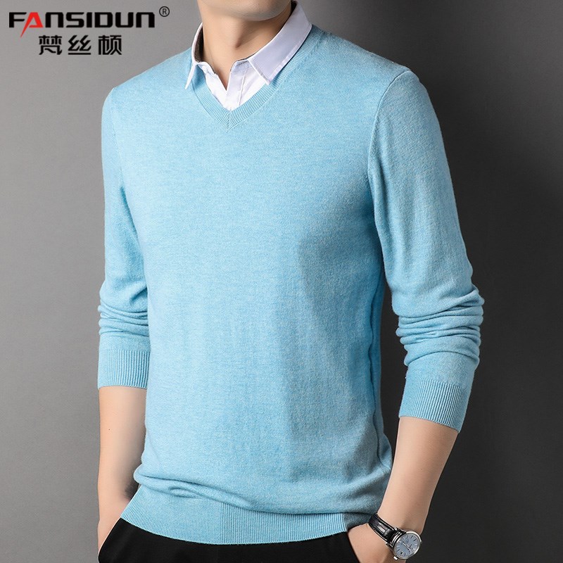 男士羊毛衫白色衬衫领V领假两件针织打底衫春秋季薄款带假领毛衣